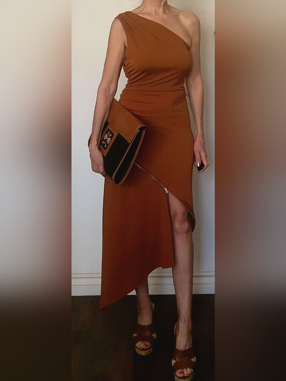 ZARA NWT One Shoulder Asymmetrical Zipper Detail Midi Dress Camel Brown - Size M - Picture 5 of 8
